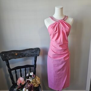 NWT Bubblegum Pink Alex Evenings Cocktail Halter Neck Midi Dress Keyhole Size 12